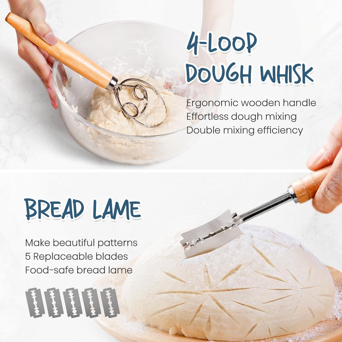 RORECAY Bread Banneton Proofing Basket Set, 9 Inch Round & 10 Inch Oval Cane Sourdough Baskets with Dough Whisk Bread Lame Dough Scraper Bowl Scraper Silicone Brush Sourdough Bread Baking Supplies rorecay