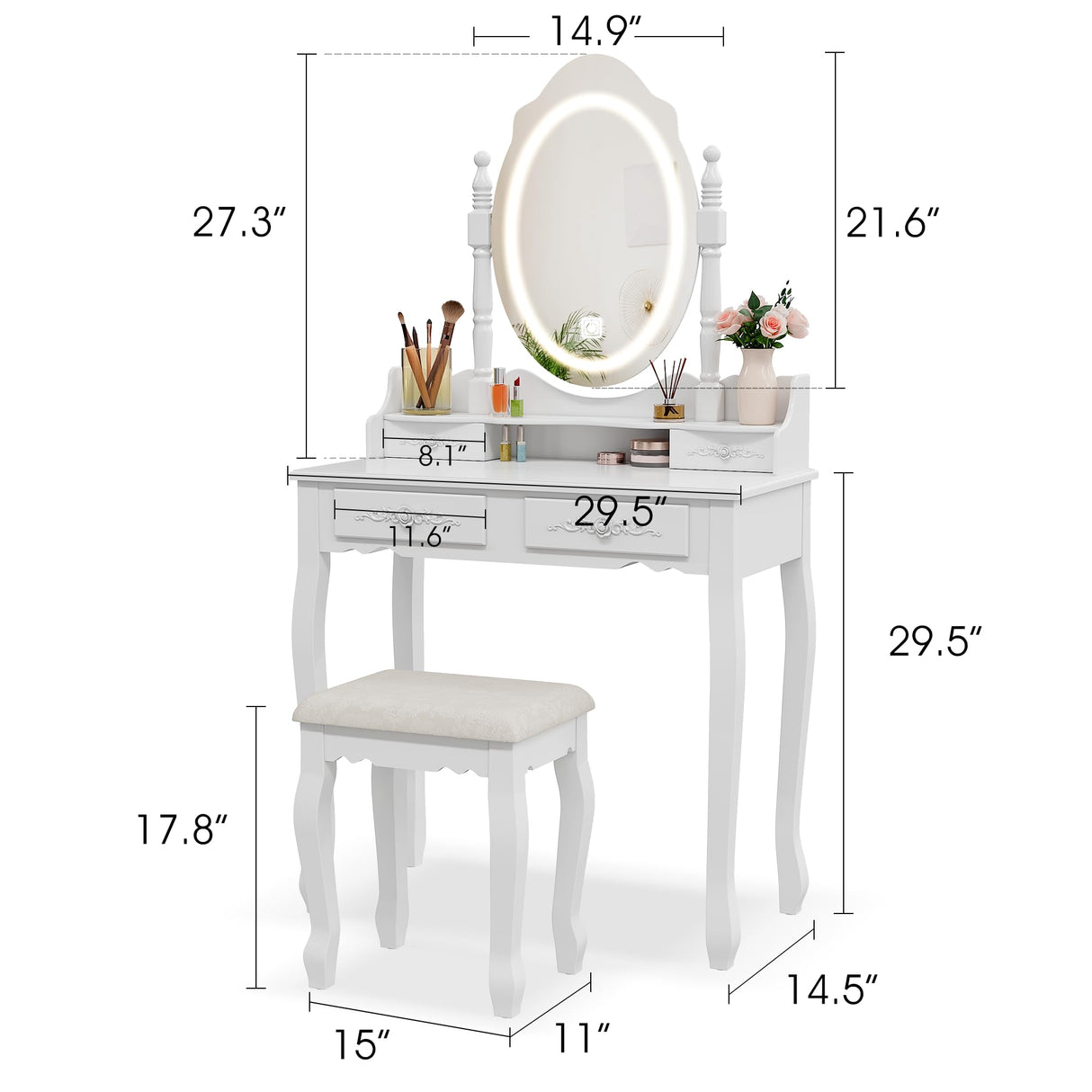 Vanity Desk with Mirror and Lights, Modern Vanity Makeup Table and Cushioned Stool Set with 4 Drawers, 3 Color Lighting Modes with Adjustable Brightness, Dressing Table Set for Bedroom (White) Alohappy