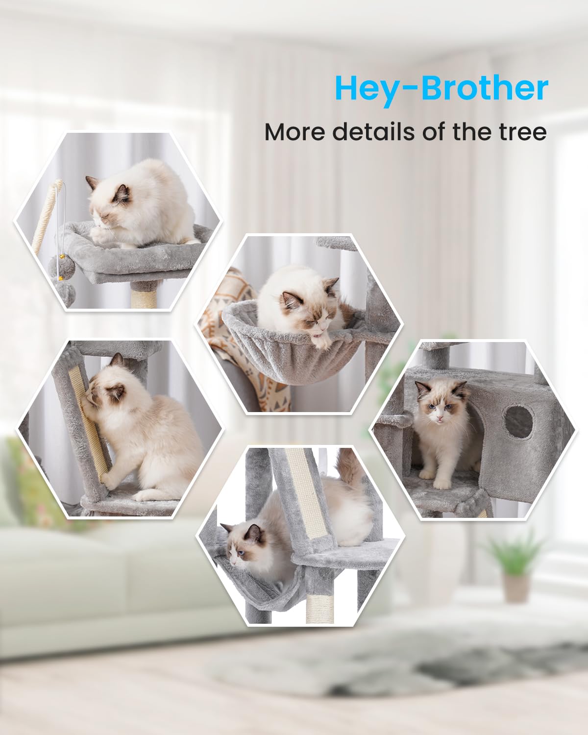 Hey-brother Cat Tree, 53 inch Cat Tower for Indoor Cats, Cat House with Padded Platform Bed, Toy Balls, Large Cozy Condo, Hammocks and Sisal Scratching Posts, Light Gray MPJ019-SW Hey-brother