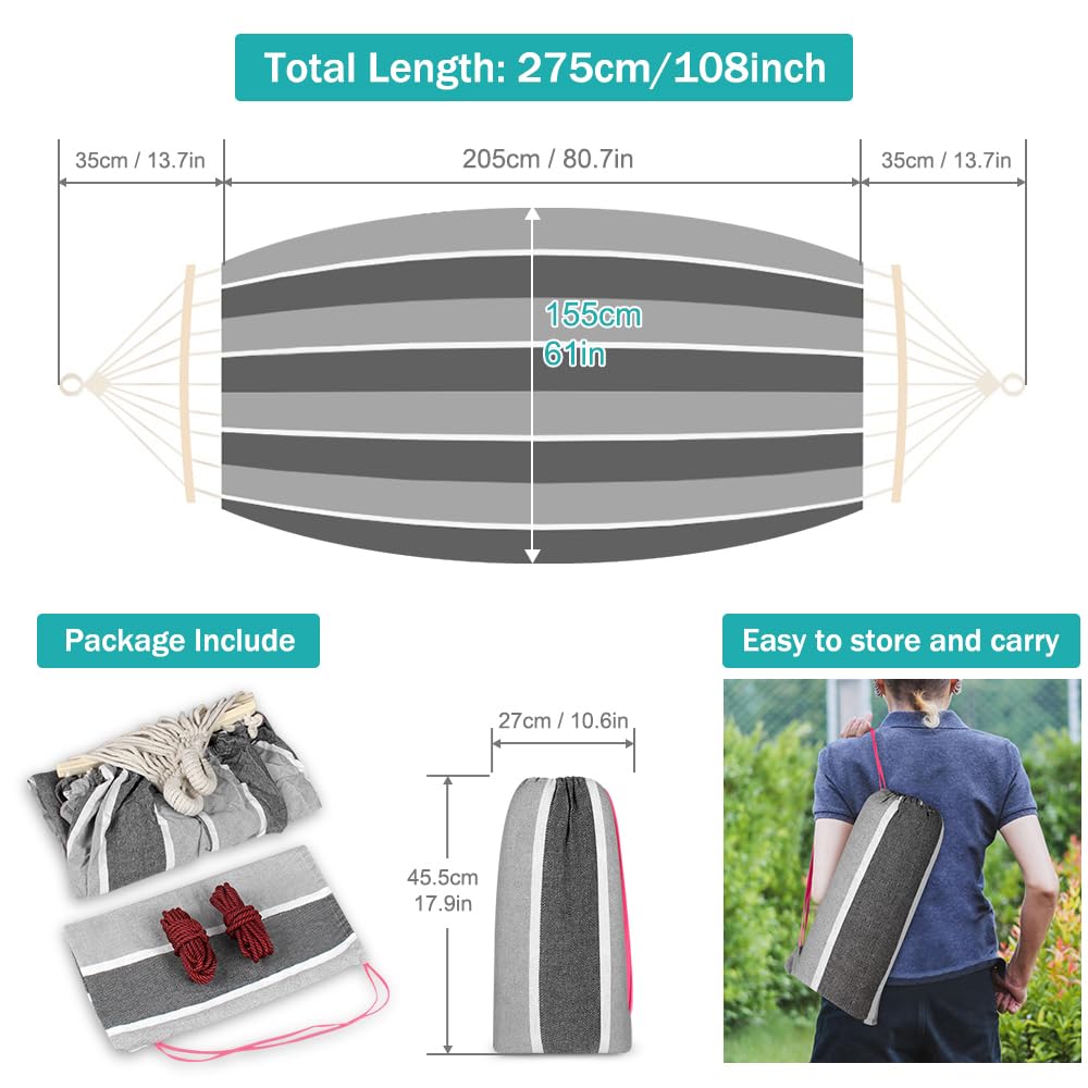 MOSFiATA Hammocks Portable Camping Hammock Upgraded 550lb Comfortable Fabric Hammock with Two Anti Roll Balance Beam and Sturdy Tree Straps for Camping, Patio, Backyard, Outdoor (Gray White) MOSFiATA