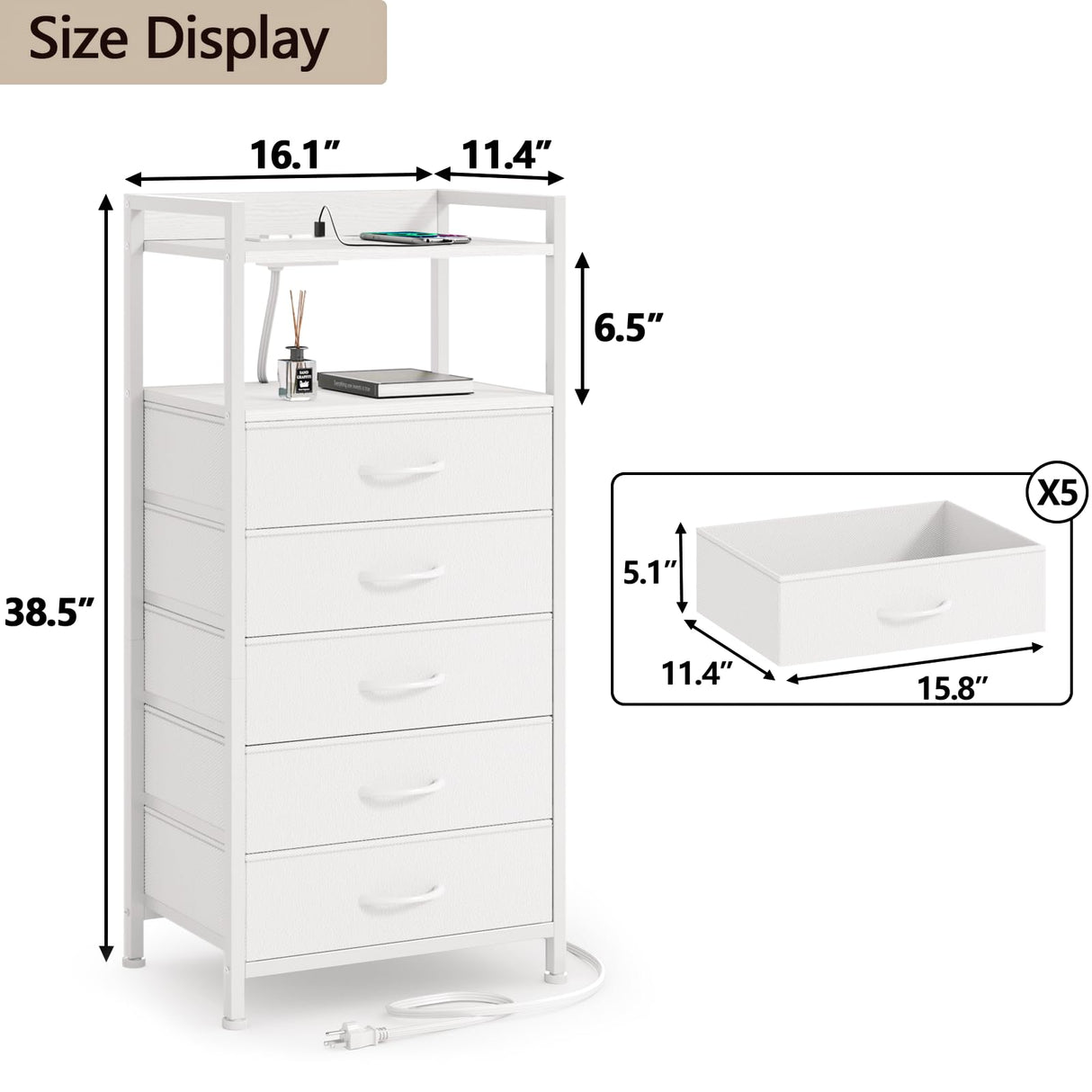 Furnulem White Nightstand with 5 Storage Drawer, Tall Dresser for Bedroom with Led Light and Charging Station, Side Table Nightstand for Closet, Fabric Bins, Metal Frame, Wood Shelf(White) Furnulem