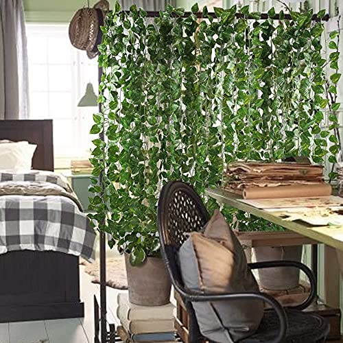 HO2NLE 12 Pack 84 Feet Artificial Fake Hanging Vines Plant Faux Silk Green Leaf Garlands Home Office Garden Outdoor Wall Greenery Cover Jungle Party Decoration HO2NLE