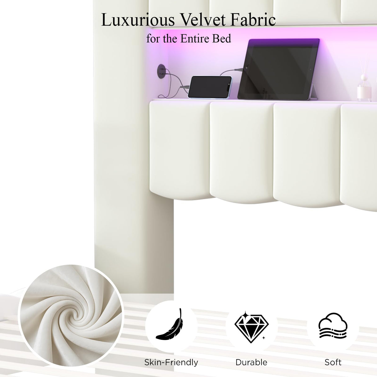 Jocisland King Bed Frame with 51.2" Tall Headboard, LED Lights & Charging Station, Velvet Upholstered Platform, No Box Spring Required, Cream Jocisland