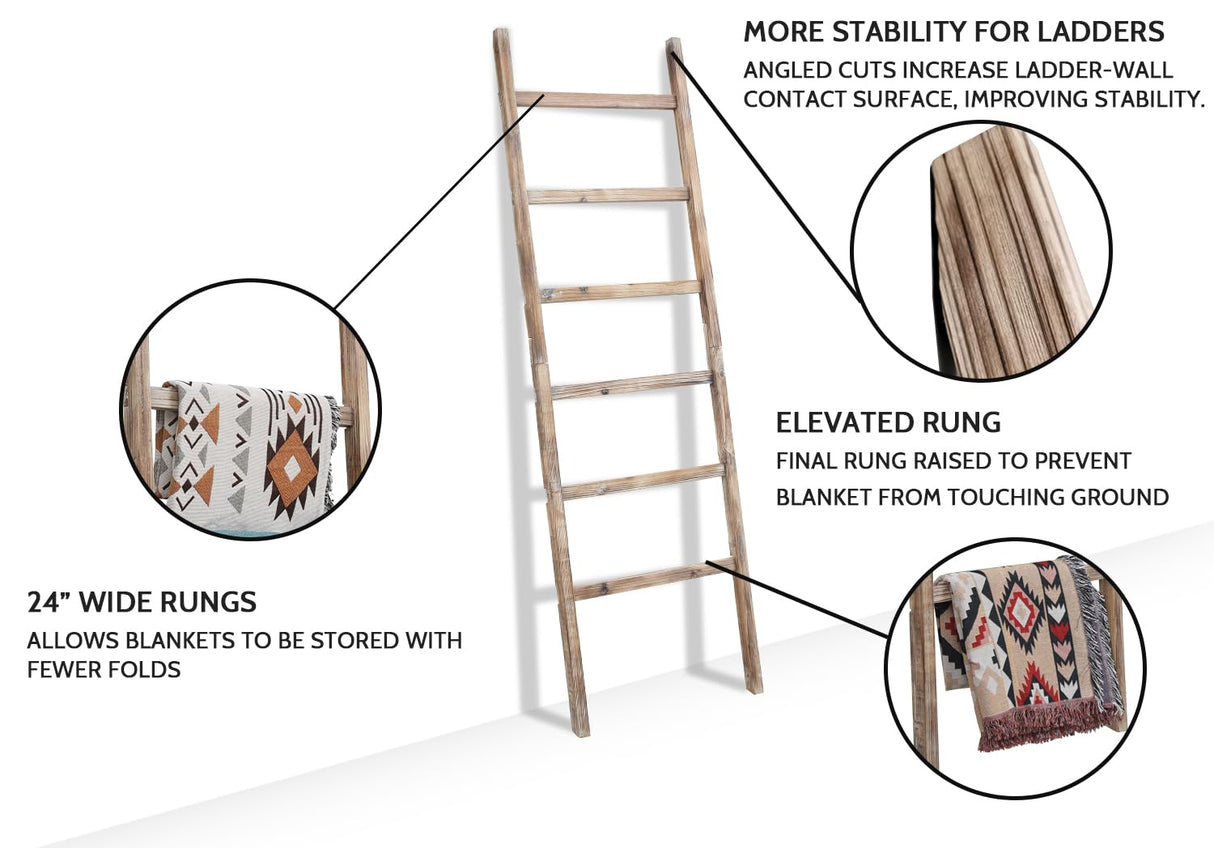 FUIN 6.4ft Extra Wide Wooden Blanket Ladder Living Room Decorative Wal Leaning Farmhouse Quilt Display Holder Rustic Wood Towel Rack for Bathroom, Burnt Brown, 24 inch Wide FUIN