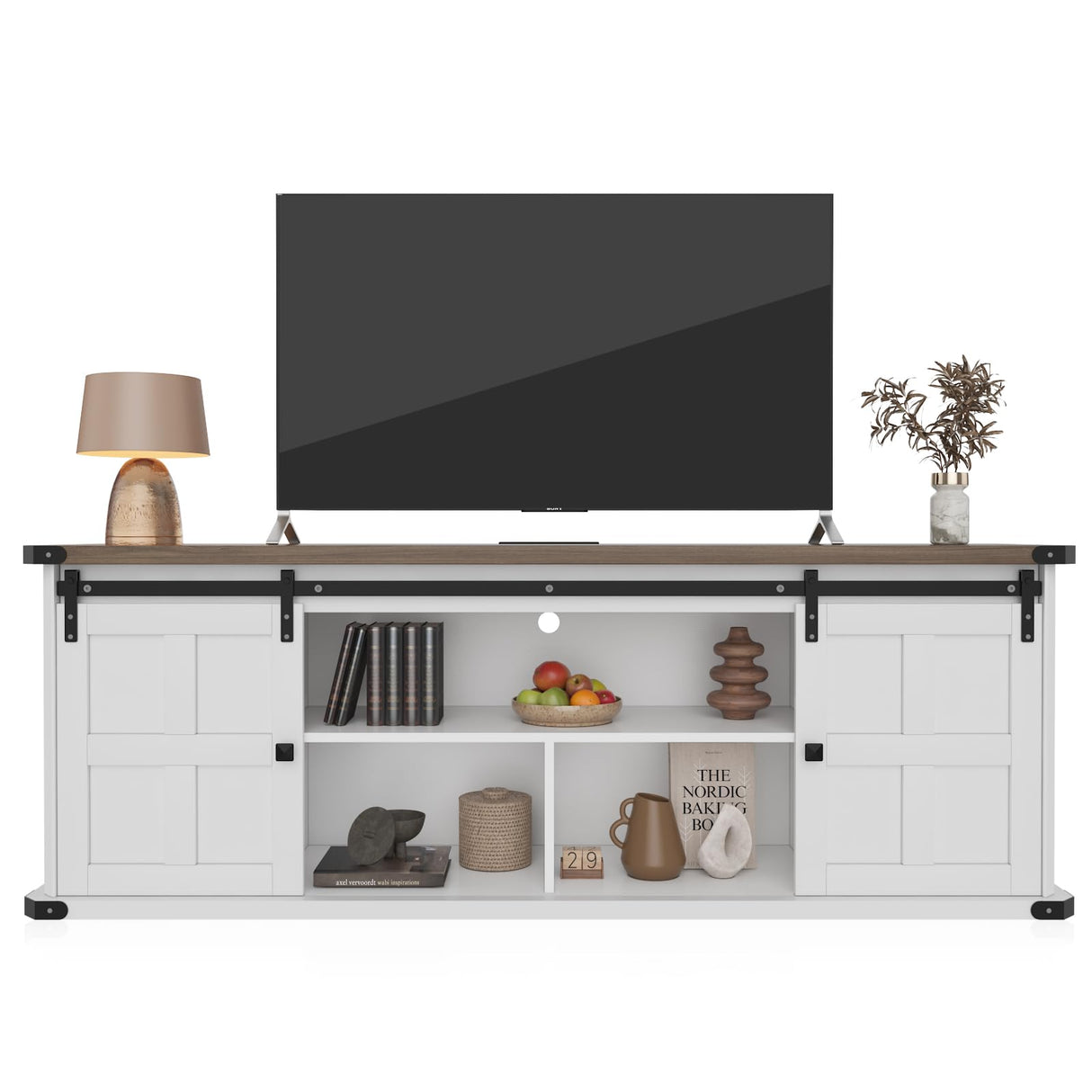 GarveeHome 70 in Farmhouse TV Stand for 75 in TVs, Modern Entertainment Center with Sliding Barn Doors, Modern Media TV Console Table, Wood Long TV Stand for Living Room GarveeHome