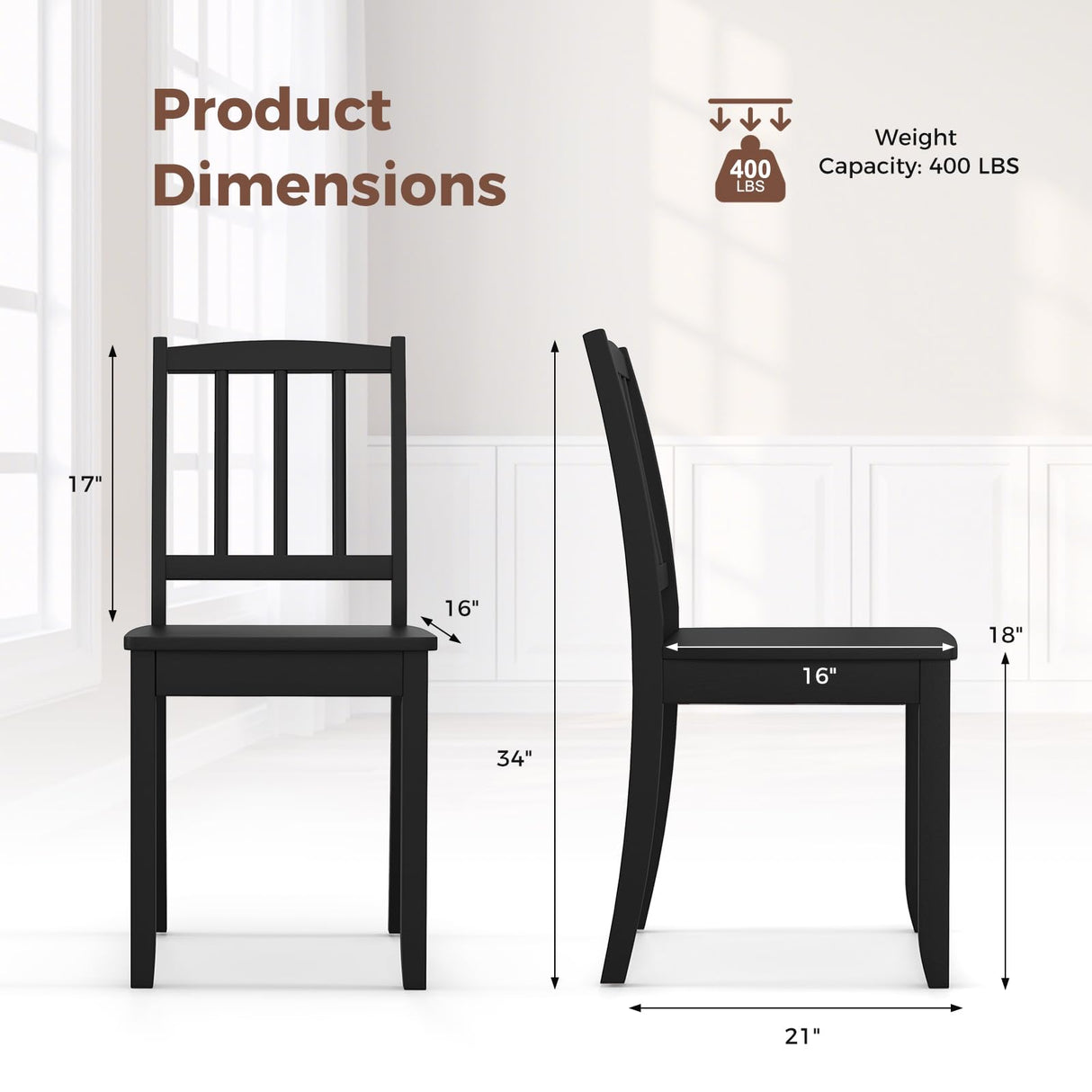 Giantex Farmhouse Dining Chairs Set of 4, Modern Kitchen Chairs w/Rubber Wood Legs & Curved Backrest, Ladder Back Diner Chairs, Wooden Side Chairs for Study, Dining Room, Load 400 LBS, Black Giantex