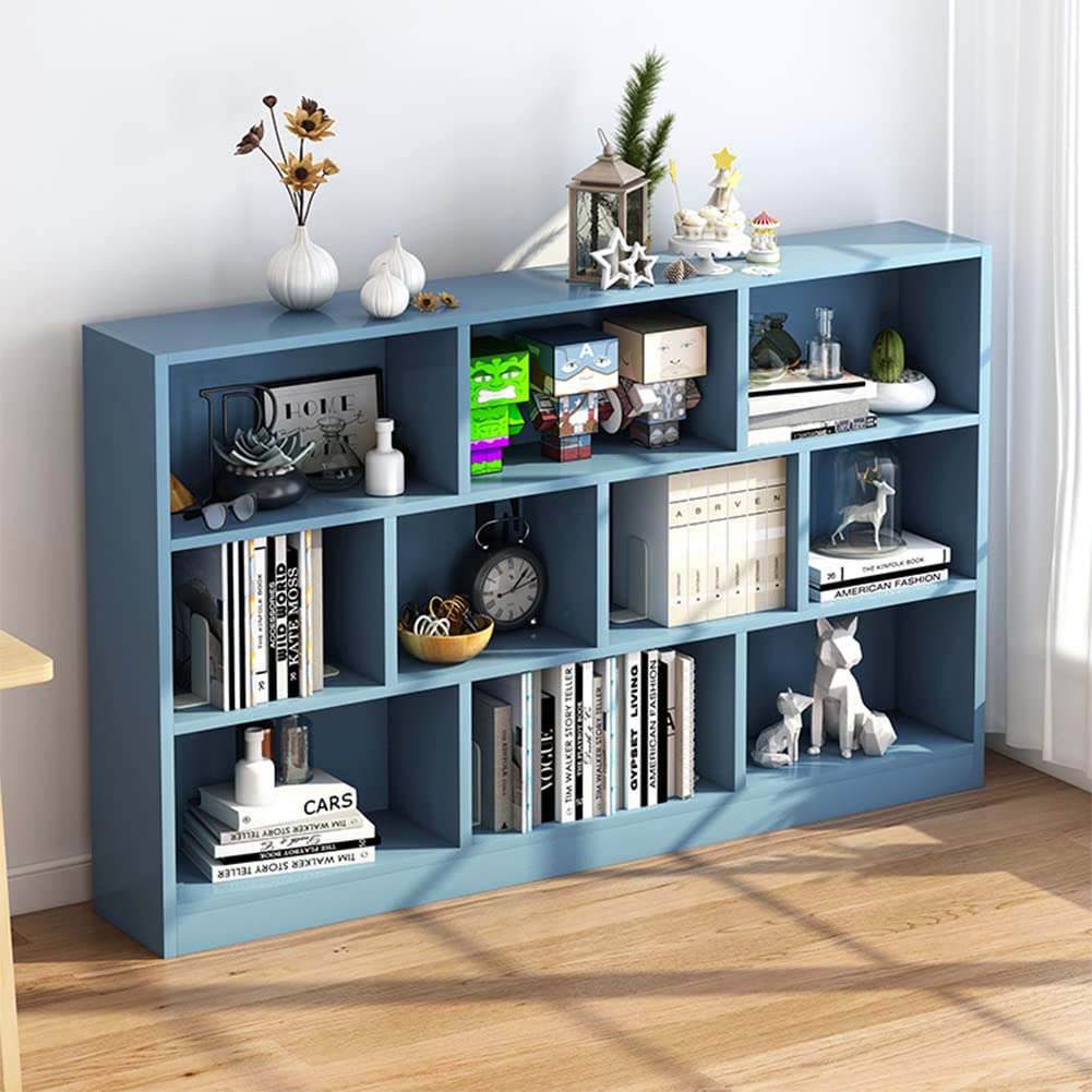 IOTXY Open Shelf Low Bookcase - Wooden 3-Tier Floor Standing Display Cabinet Organizer with Base, 10 Cubes Short Horizontal Bookshelf in Bright Blue IOTXY