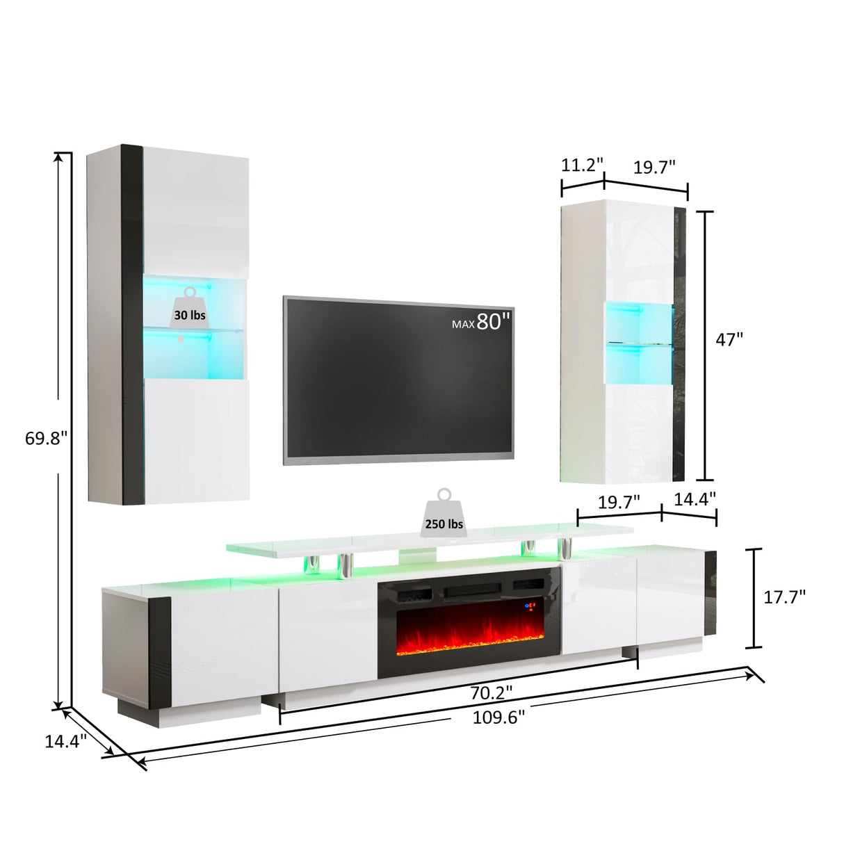 AMERLIFE Wall Unit Entertainment Center with Fireplace & Bookshelves, Includes 70" 2-Tier Fireplace TV Stand, 2 x Wall Cabinets & End Tables, Modern LED Lights TV Console for Living Room, White AMERLIFE
