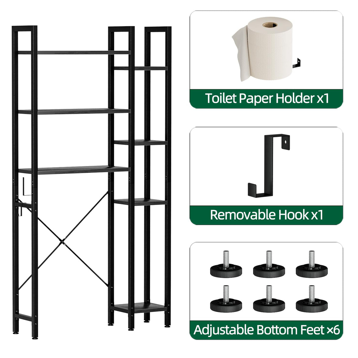 OTK Over The Toilet Storage with 7-Tier Bathroom Organizer Shelf, Freestanding Space Saver with Hooks & Adjustable Feet, Storage Rack for Bathroom, Restroom, Laundry, Black OTK