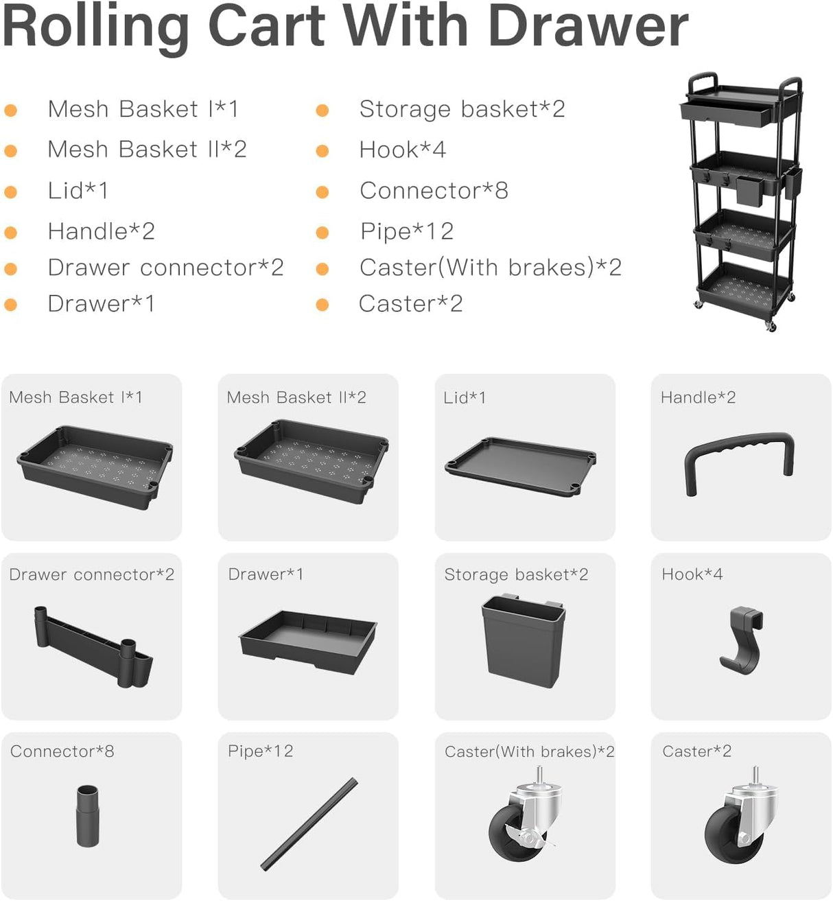 Sorgion 4 Tier Rolling Cart Organizer,Art Craft Diaper Bedside Snack Laundry Room Bathroom Organizer Narrow Thin Slim Rolling Trolley Utility Cart with Wheels for Kitchen,Office(Black) Sorgion