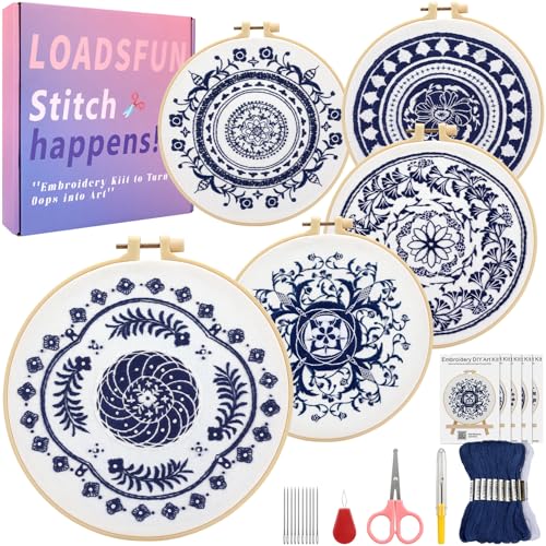 LOADSFUN 5 Pieces Embroidery Kit for Beginners, Cross Stitch Kits with Stamped Patterns,Hoop,Threads,Needle Threader Needlepoint Kits Crafts for Adults Step by Step Instructions Video