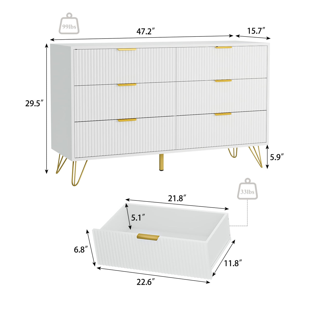BAZELOR White 6 Drawer Dresser with Golden Handle, Fluted Wood Dressers, Modern Chest for Bedroom, Living Room, Hallway, Entryway BAZELOR