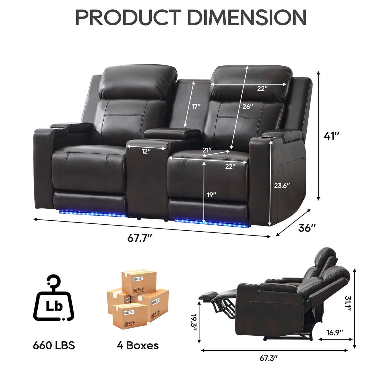 P.H.Furn Power Loveseat Recliner Sofa, Home Theater Seating with Adjustable Headrest, Blue LED Lighting, Reclining Loveseat, Storage, Cup Holder, USB, Charging P.H.Furn