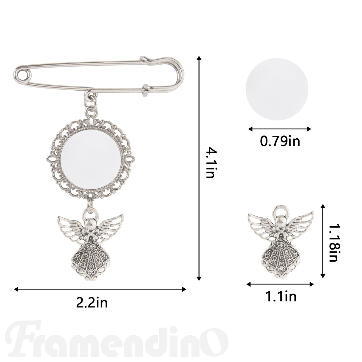Framendino, 4 Pack Sublimation Blank Bouquet Photo Charms Pin Pouch with Angel Pendant Wedding Memory Bridal Bouquet Picture Charm Clip Bouquet Memorial Charm DIY Jewelry Making 1 Sheet Round Framendino