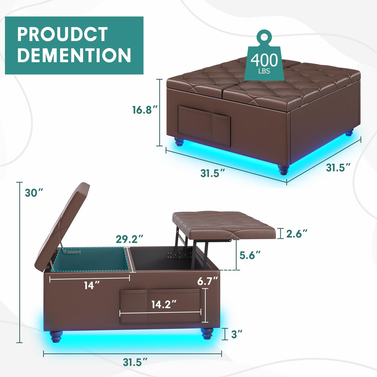 busyaeh Storage Ottoman Coffee Table,Square Ottoman Bench with Charging Station and LED Lights,Velvet Buttons Large Ottoman with Storage with Lift Top&Solid Wood Legs for Living Room Bedroom (Brown) busyaeh