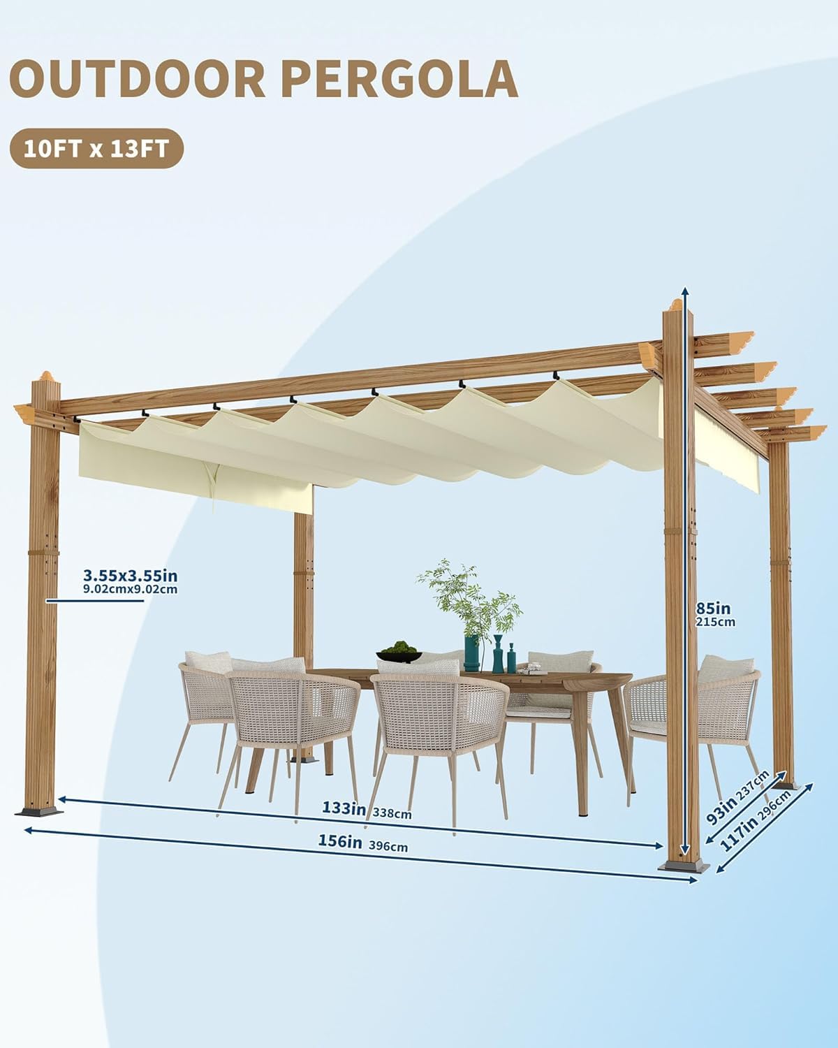 IDEALHOUSE Patio Pergola, Outdoor Patio Gazebo with Retractable Sun Shade, Metal Pergola Shelter for Backyard Deck Garden (Wood-Grain, 10 x 13 FT) IDEALHOUSE