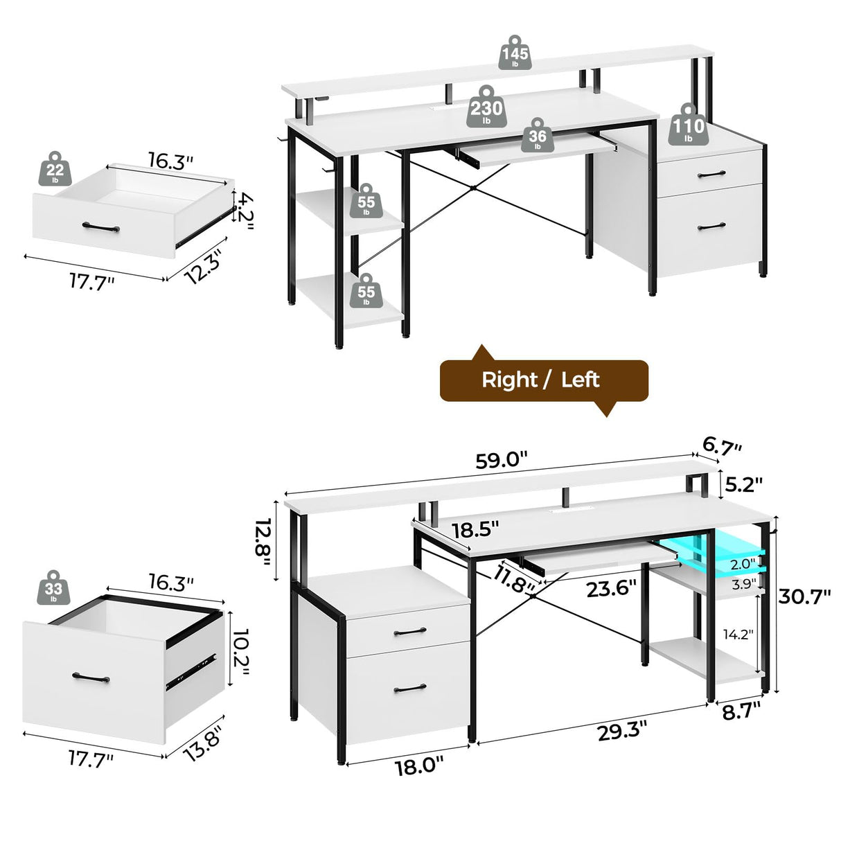 Rolanstar Computer Desk 59" with File Drawer, Gaming Desk with LED Light & Power Outlets, Home Office Desk with File Cabinet & Storage Shelves, with Monitor Stand & Keyboard Tray, White Rolanstar