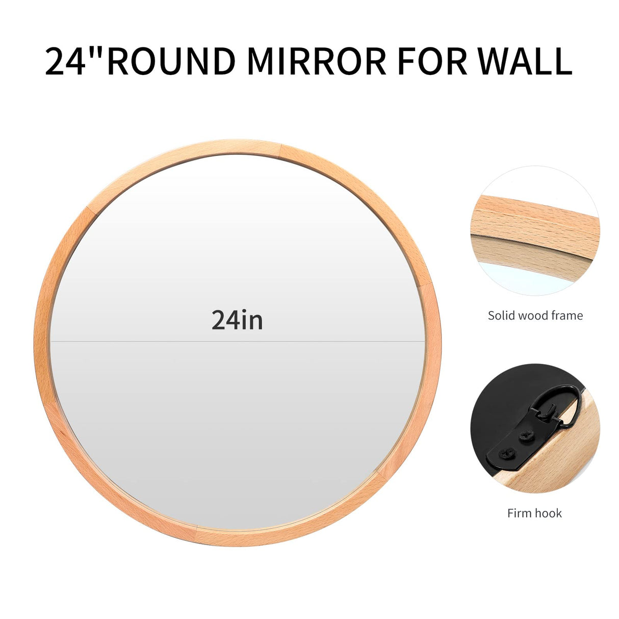 FUWU HOME Wood Round Mirror 24" Circle Wall Mirror Farmhouse Bathroom Vanity Mirror for Living Room Bedroom Entryway Modern Decoration (24" Freely Natural Beech Wood) FUWU HOME