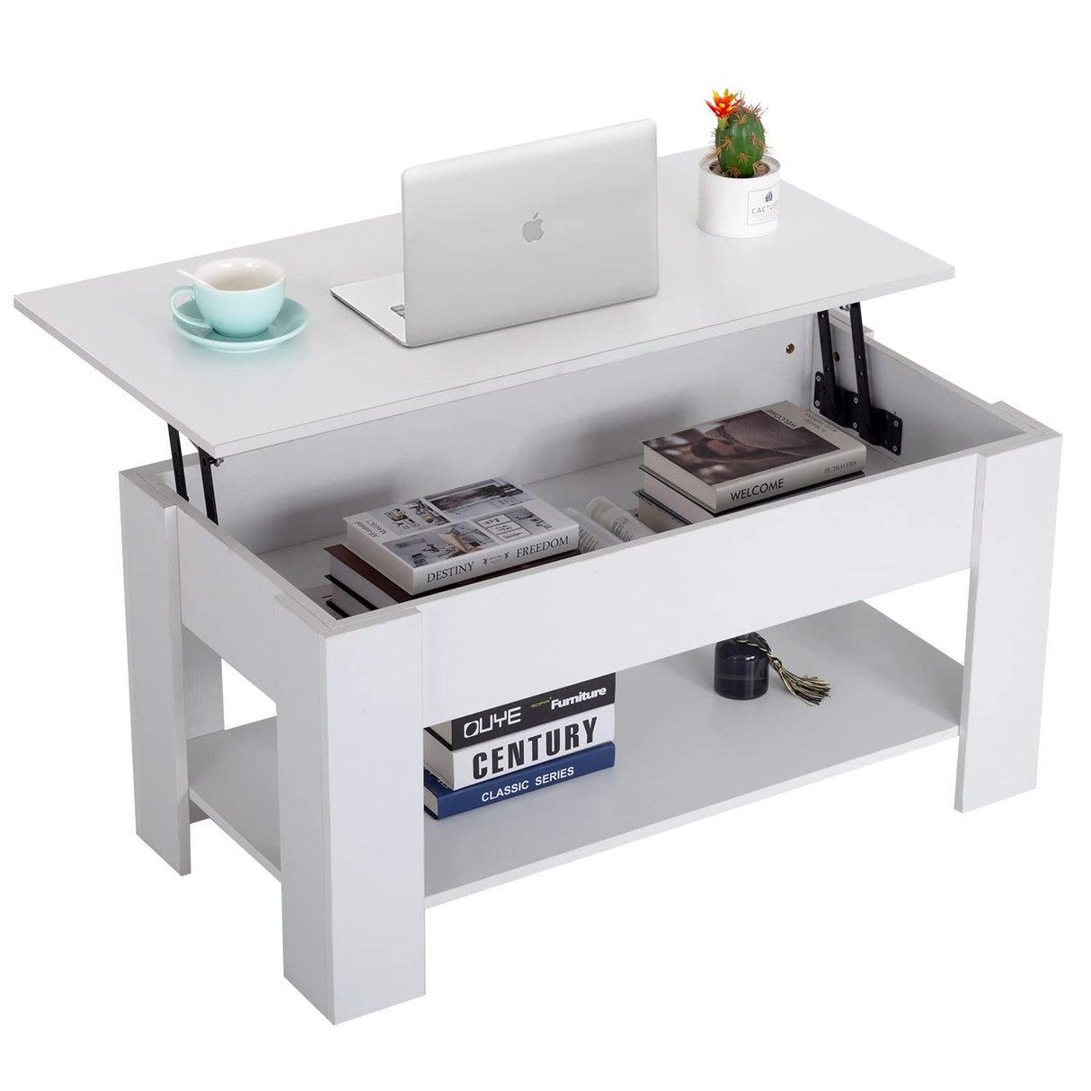 FDW Lift Top Coffee Table with Hidden Compartment and Storage Shelf Wooden Lift Tabletop for Home Living Room Reception Room Office,White FDW
