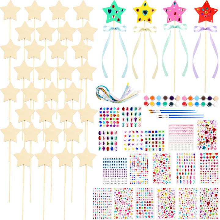 92 Pcs Unfinished Star Princess Fairy Wands Kit Make Your Own Princess Wand DIY Art Craft Magical Wand Include 36 Star Wooden Fairy Wands 18 Gem Stickers 36 Ribbons 2 Markers for Kids Party Supplies Feradny
