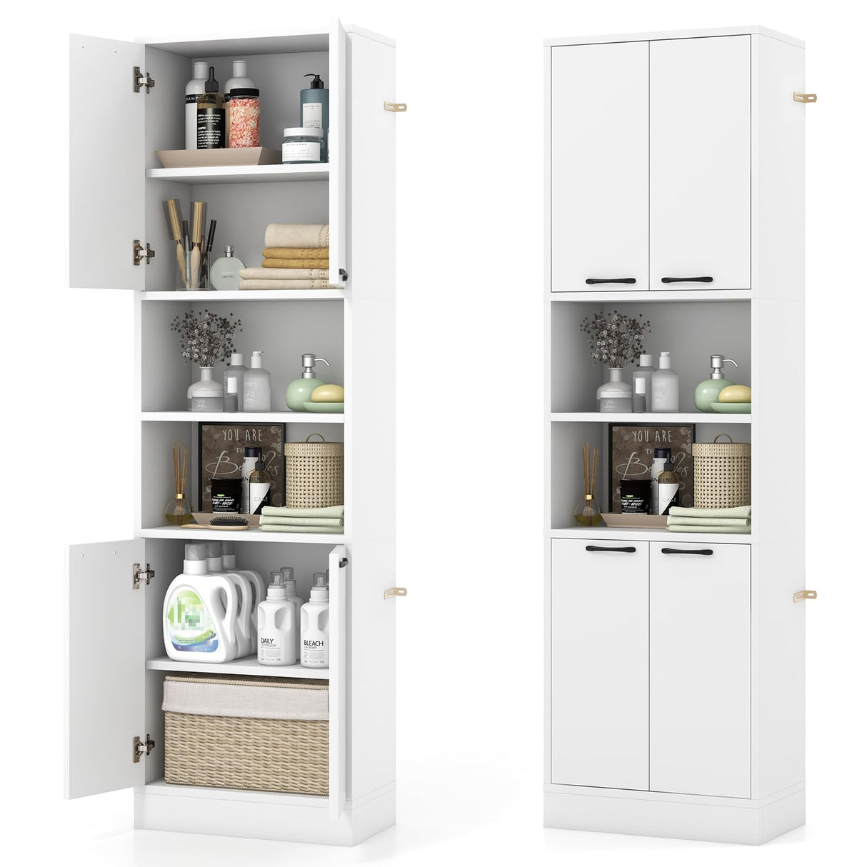 Tangkula 75" Tall White Bathroom Storage Cabinet with 4 Doors & 2 Open Shelves Tangkula