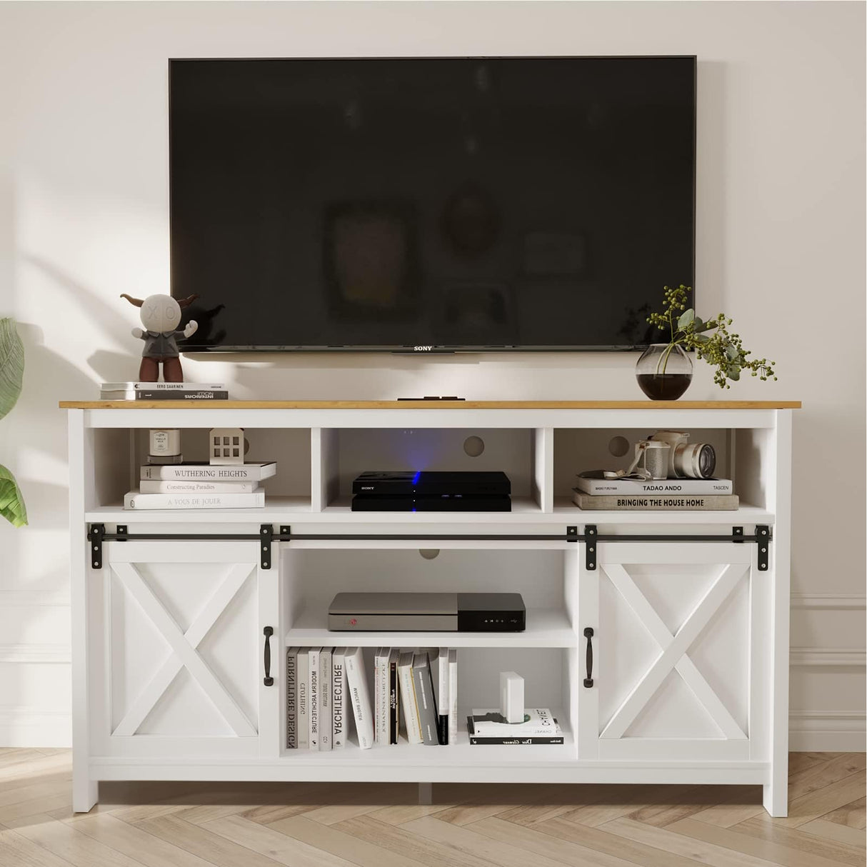 Vinctik 6&Fox 57In Wooden Farmhouse Entertainment Center for 60/65 inch TV,Double Layer Storage Farmhouse TV Stand,Double-Row Sockets with Wood Sliding Barn Door TV Stand(Double Layer White) Vinctik 6&Fox