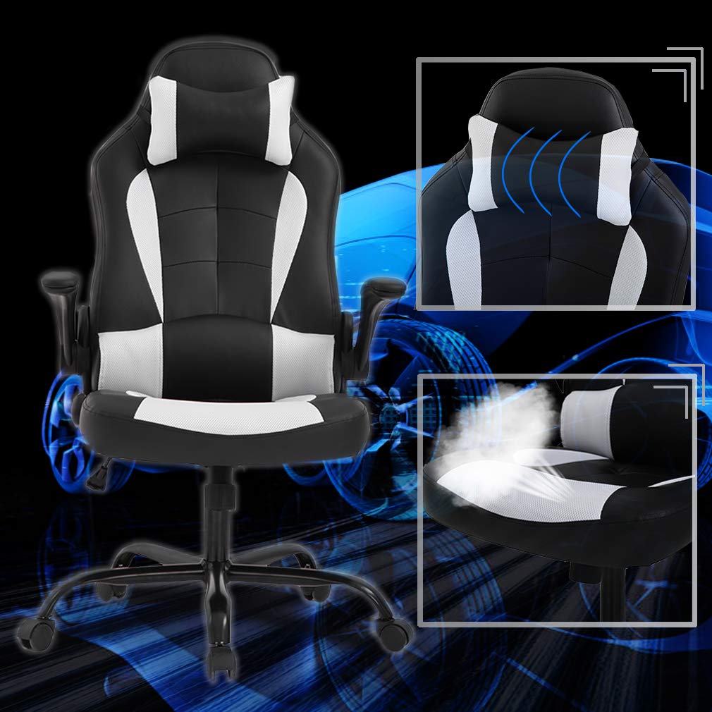 BestOffice PC Gaming Chair Ergonomic Office Chair Desk Chair with Lumbar Support Flip Up Arms Headrest PU Leather Executive High Back Computer Chair for Adults Women Men (White) BestOffice