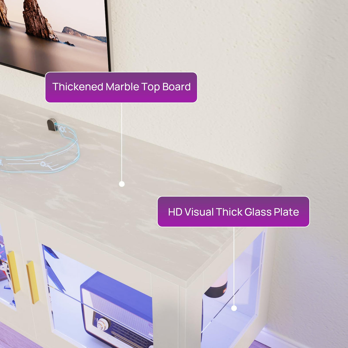 71 Inch TV Stand Modern Entertainment Center with LED Light, Glass Doors and Adjustable Storage Shelves Media Console TV Cabinet for Living Room Bedroom-White wonline