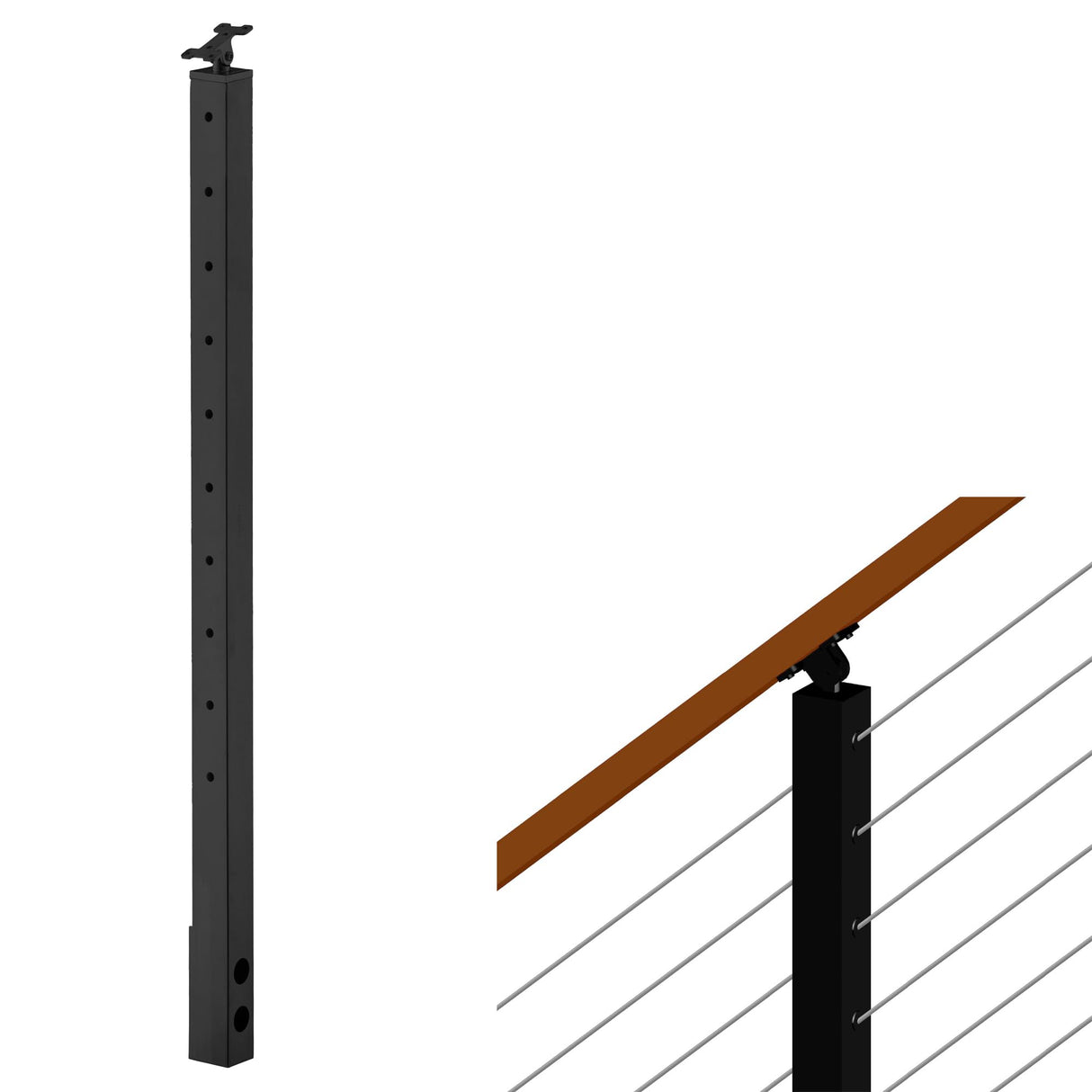 Senmit Cable Railing Post Fascia Mount-Stainless Steel Square Weldless 36"x2"x2" 30°Angle Pre-drilled Side Mount Metal Stair Post for Wood Deck, Black Senmit