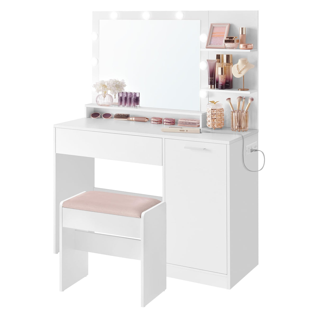 VASAGLE Vanity Desk with Mirror and Lights, 43.3-Inch Wide Makeup Vanity with Upholstered Vanity Stool, Power Outlets, Dimmable LED Lights, Storage Drawer, for Bedroom, Cloud White URDT628W01 VASAGLE