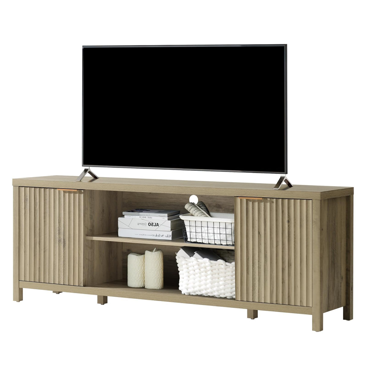 OAKHAM HOME Fluted TV Stands for Living Room, Heavy Duty Entertainment Center with Storage, Mid Century Modern Television Stands for 60/65/70/75 TV, Oxford Media TV Console (Large,Sunwashed Ash Oak) OAKHAM HOME