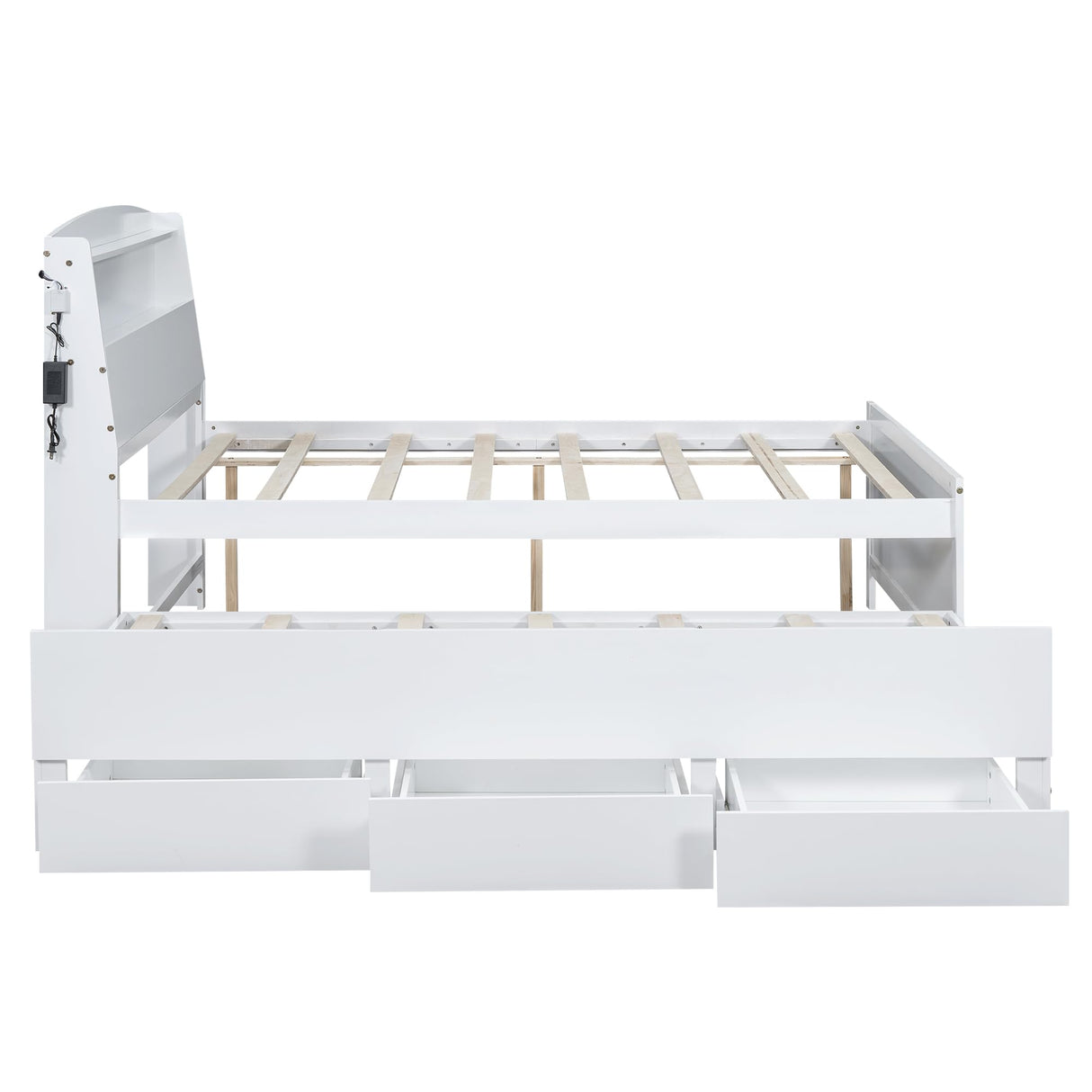 Merax Full Size Platform Bed Frame with Twin Size Trundle and 3 Drawers,Storage LED Headboard,White Merax