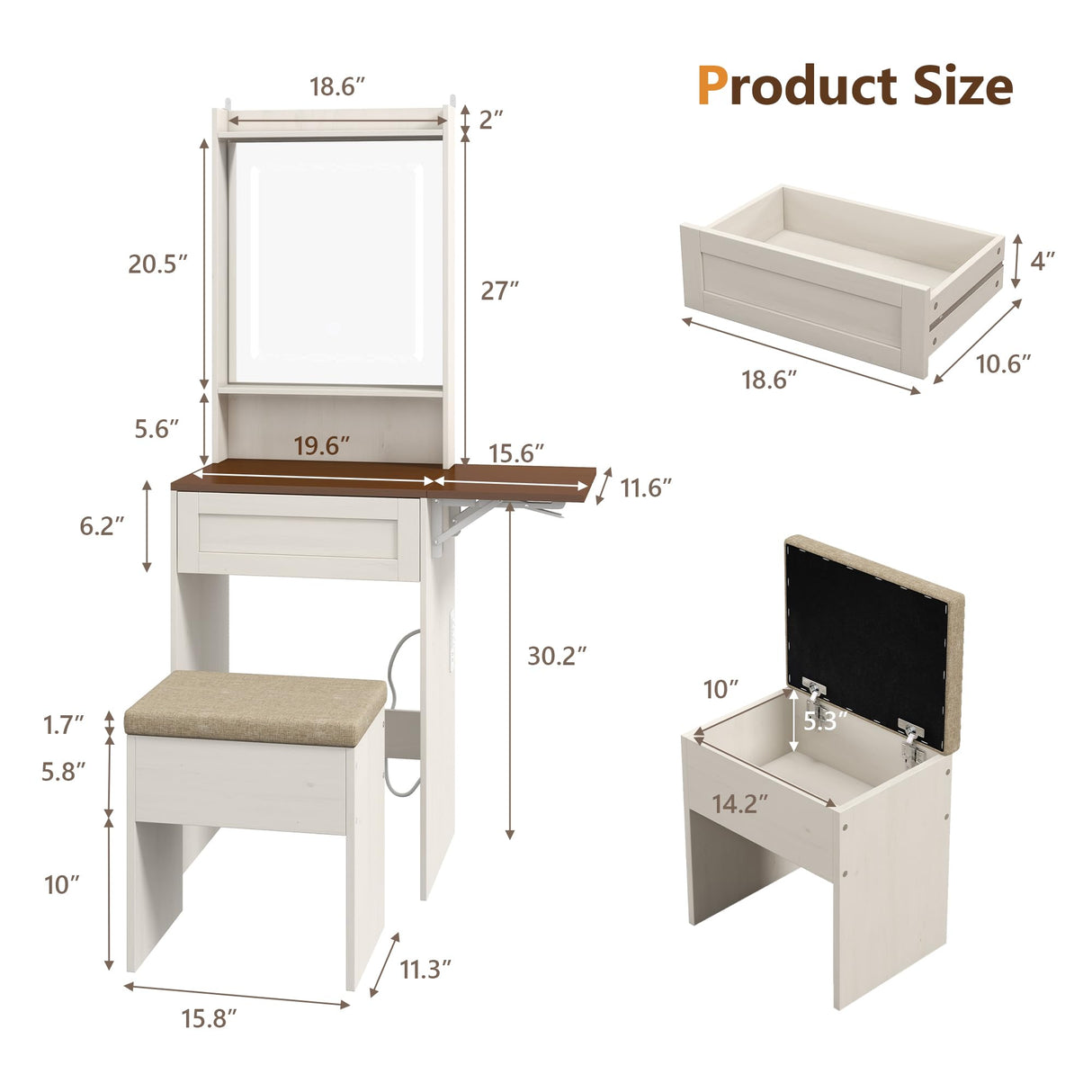 Small Vanity Desk with Mirror and Lights,Farmhouse Makeup Vanity Table with Charging Station,Compact Vanity with Storage Chair& Drawer,White Dressing Table with Fold-up Panel for Small Space,Bedroom LTMEUTY