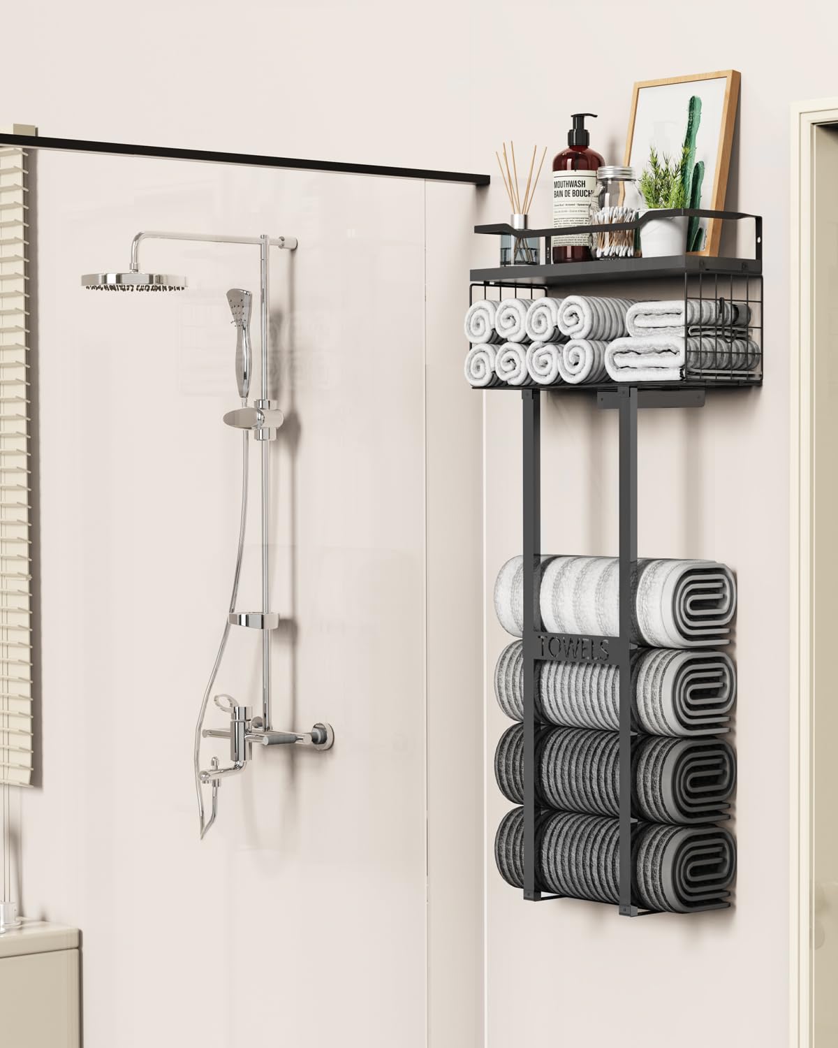 Aetyord Towel Racks for Bathroom 31inch Wall Mounted Towel Rack,Floating Shelf with Wood Plank,Towel Storage for Bathroom can Holds 6 Large Rolled Towels,All Black Aetyord