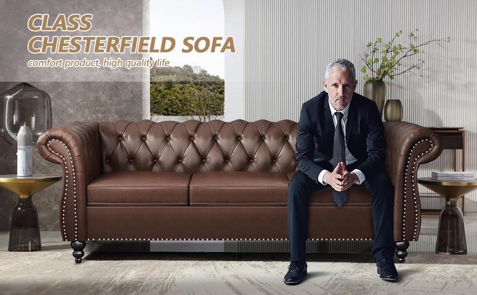AVZEAR Chesterfield Leather Sofa 3 Seater Couch, Mid-Century Large Sofa Roll Arm Classic Tufted Settee Modern PU Sofa with Channel Tufted Seat Back for Living Room, Office, Apartment, PU Brown AVZEAR