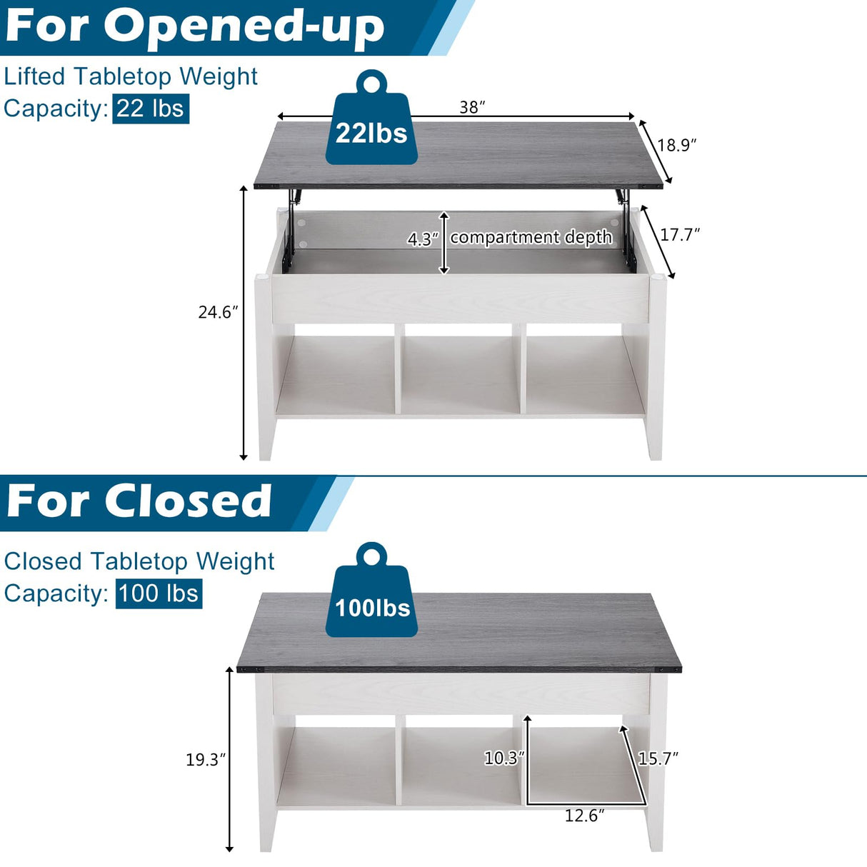 VINGLI Lift Top Coffee Table, Charcoal Top with White Frame, Farmhouse Cross-Sided Design, with Storage Shelf/Hidden Compartment, Gas Lift Mesa De Centro para Sala Pop Up Coffee Table VINGLI