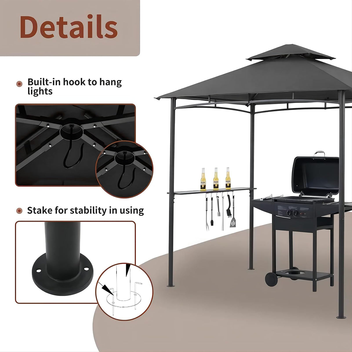 Outdoor Grill Gazebo Tent BBQ Canopy for Outdoor Barbeque Shelter Girll Canopy Grill Gazebo Hardtop with Stable Steel Frame / L96 x W60 x H101 Inch Deep Grey Grezone