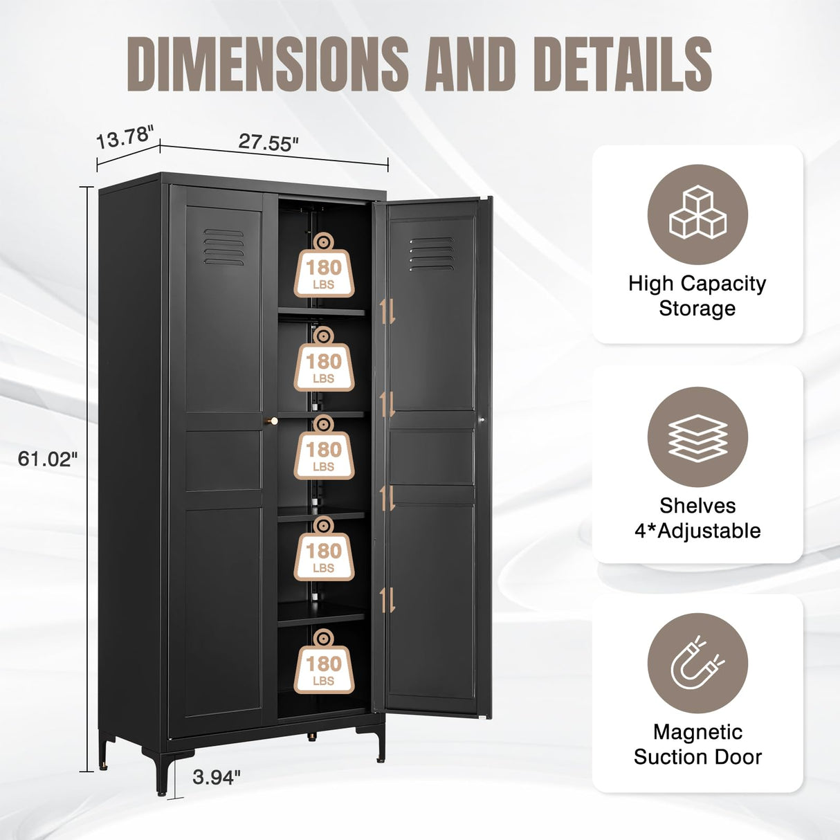 Yizosh Metal Pantry Cabinet, Tall Kitchen Pantry Storage Cabinet with Doos and Adjustable Shelves - 61" Black Cupboard Cabinet for Kitchen, Living Room, Dining Room, Home Yizosh