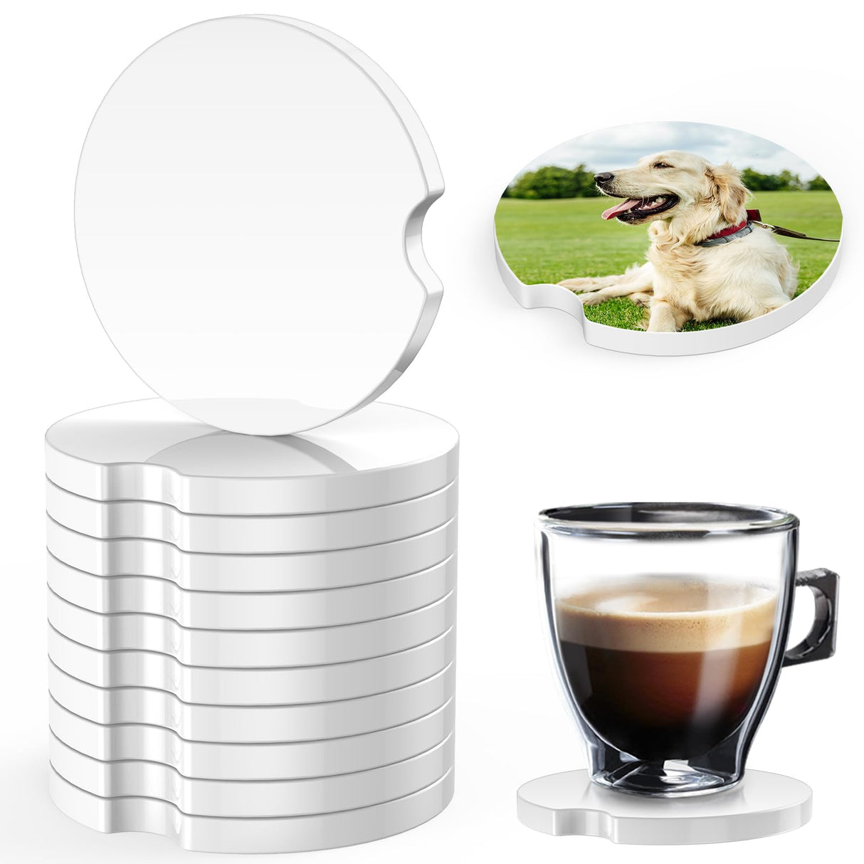 Sublimation Blanks Car Coasters, 12pcs Absorbent Ceramic Car Cupholder Coasters with A Finger Notch for Easy Removal, Keep Vehicle Free from Cold Drink Sweat, Stain and Spill Valyria