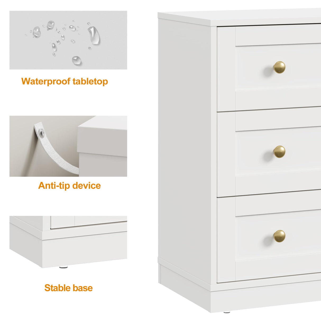 RoyalCraft Modern 3 Drawer Dresser, White and Gold Nightstand for Bedroom, Small Chest of Drawers, End Table with Storage, Wood Beside Table for Living Room, Home Office, Entryway RoyalCraft