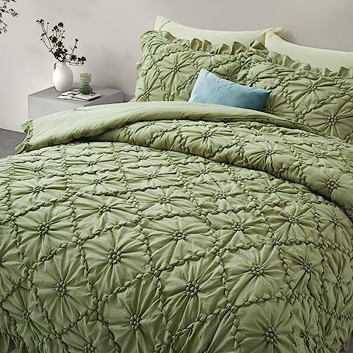 BEDAZZLED Queen Size Comforter Sets, Green Bedding Comforter Set, 3 Pieces Pinch Pleat Bedding Sets with Comforter and Pillowcases Soft Farmhouse Shabby Chic Comforter for All Season BEDAZZLED