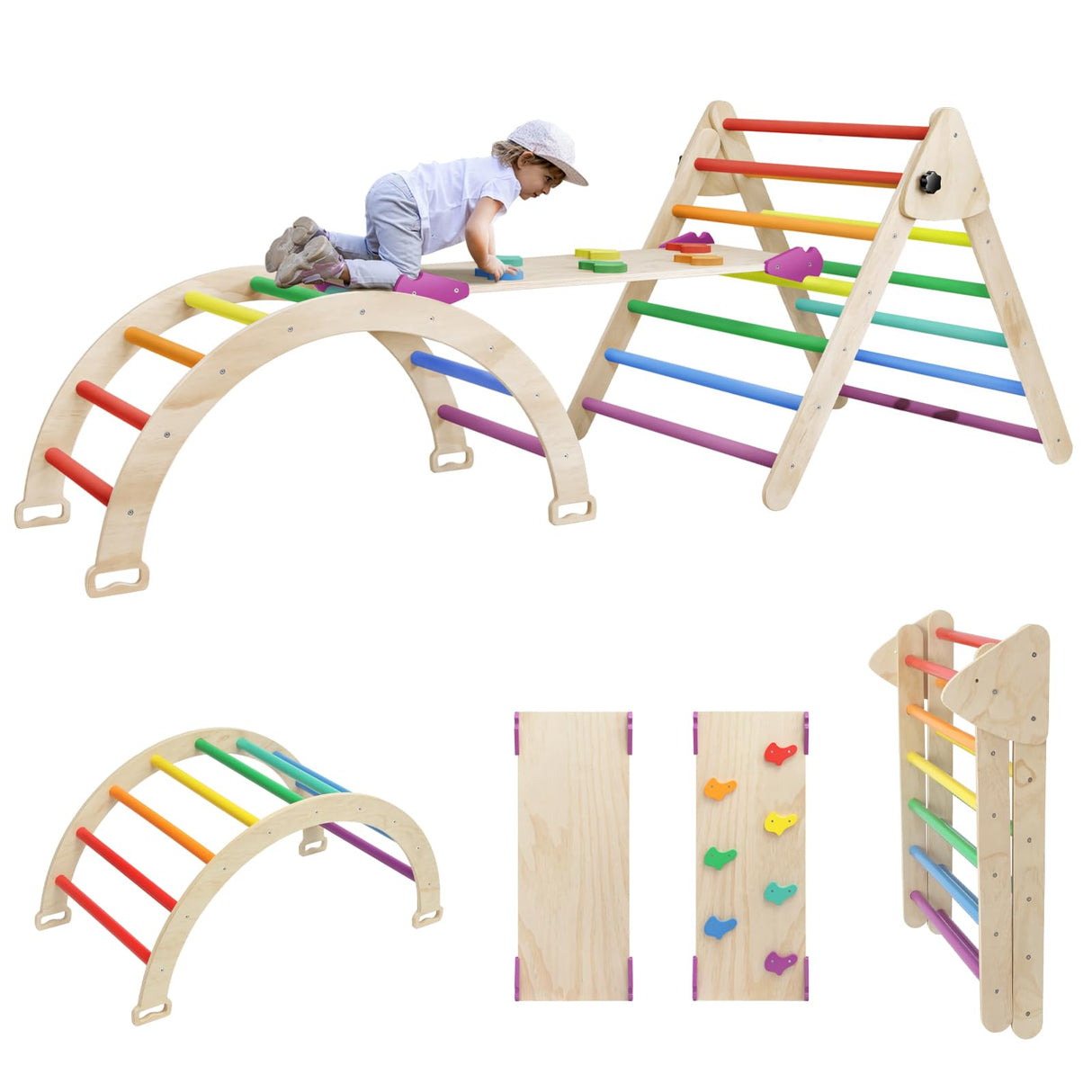 EDOSTORY 5 in 1 Pikler Triangle Set, Indoor Playground and Gym for Kids, Foldable Wooden Montessori Climbing Set Triangle Ladder Set with Slide and Climbing Ramp, Gift for Boys Girls(Rainbow) EDOSTORY