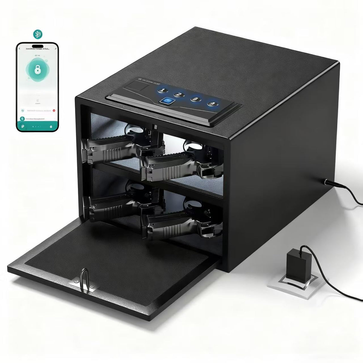 XDeer Biometric Pistol Safe (FCC & California DOJ Certified) - Quick Access Handgun Safe with Fingerprint & Digital Keypad, APP Bluetooth Secure Home Gun Safe for up to 4 Pistols (No Cleaning Kit) XDeer