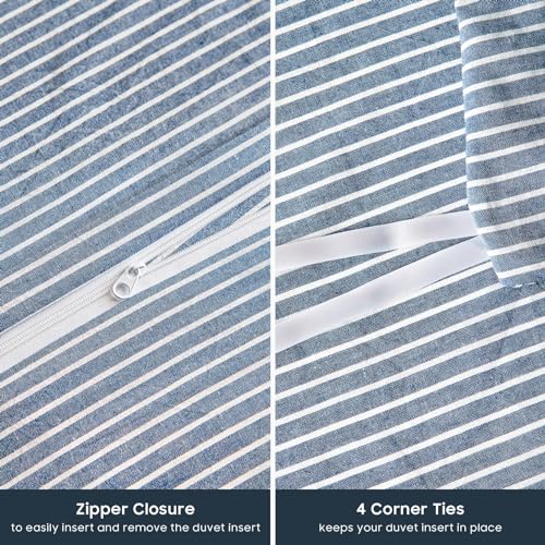 Wake In Cloud - Striped Cotton Duvet Cover Set, 100% Washed Cotton Textured Percale Bedding Set, Ticking Stripe Pinstripe Farmhouse, 3 Pieces, Denim Blue, Full Size Wake In Cloud
