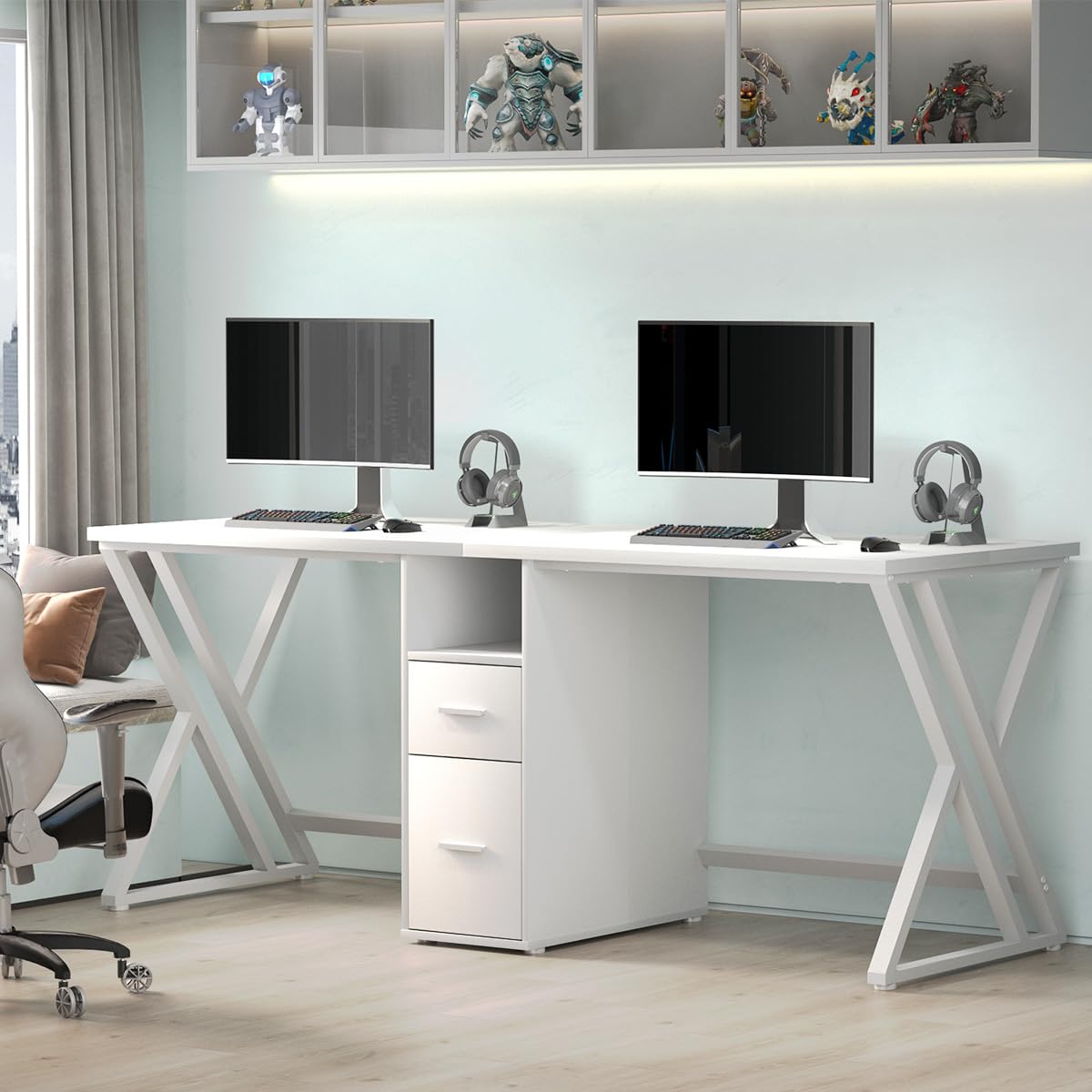 LVB Large 2 Person Desk, Modern White Computer Desk with File Cabinet, Extra Long Workstation Double Desk with Storage Shelf, Industrial PC Writing Study Dual Executive Office Desk with Drawer, 79 in LVB