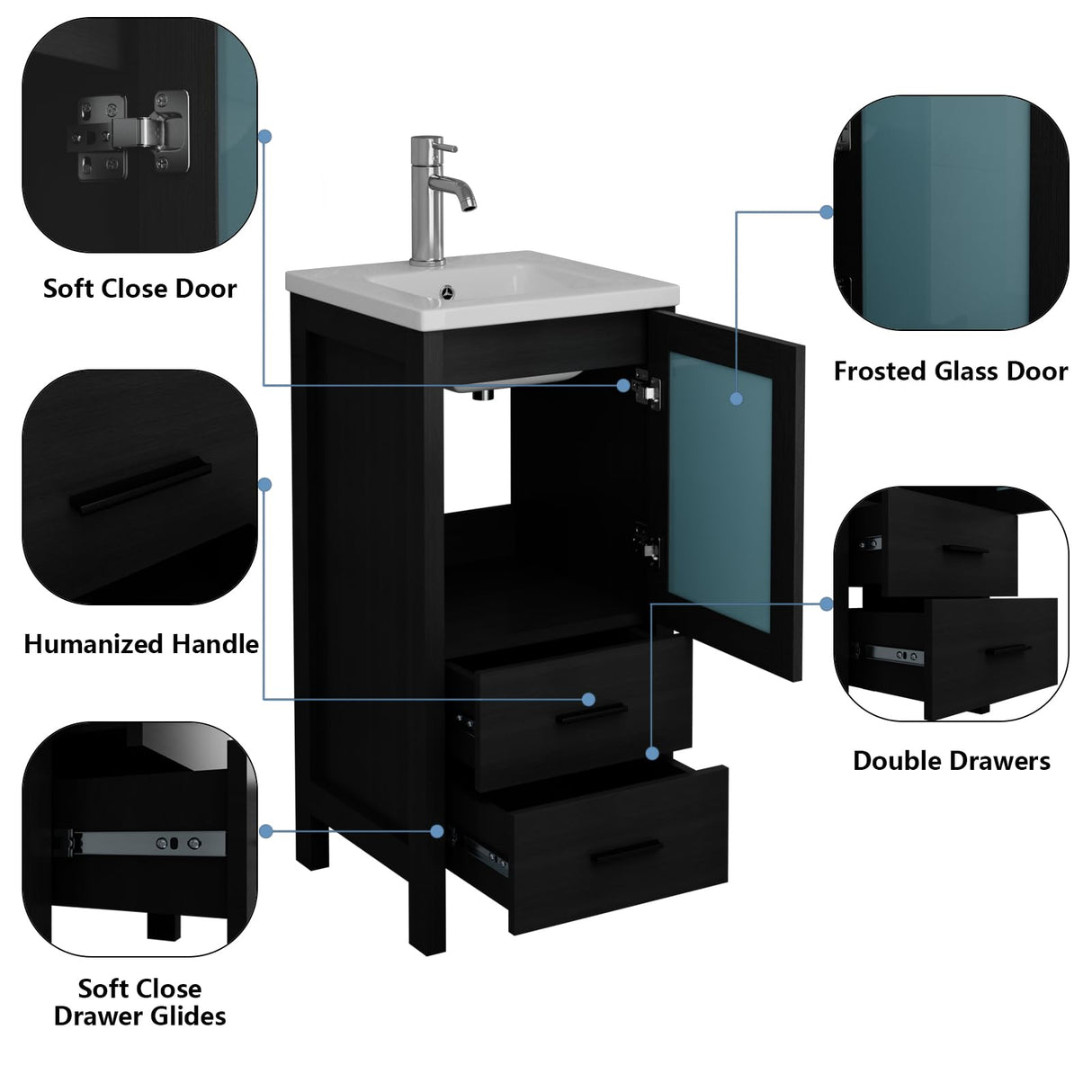 wonline 16" Bathroom Vanity Set, Single Small Bathroom Cabinet with Ceramic Sink, Modern Black Cabinet Vanity with Faucet & Pop Up Drain wonline