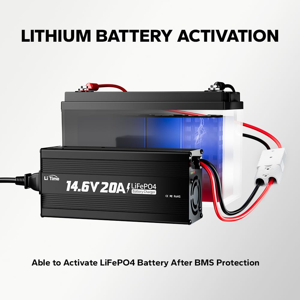 LiTime 12V 20A Lithium Battery Charger 14.6V LiFePO4 Battery Charger AC-DC Smart Charger with Anderson Connector LED Indicator Special for Lithium LiFePO4 Deep Cycle Rechargeable Batteries of Boat, RV Litime