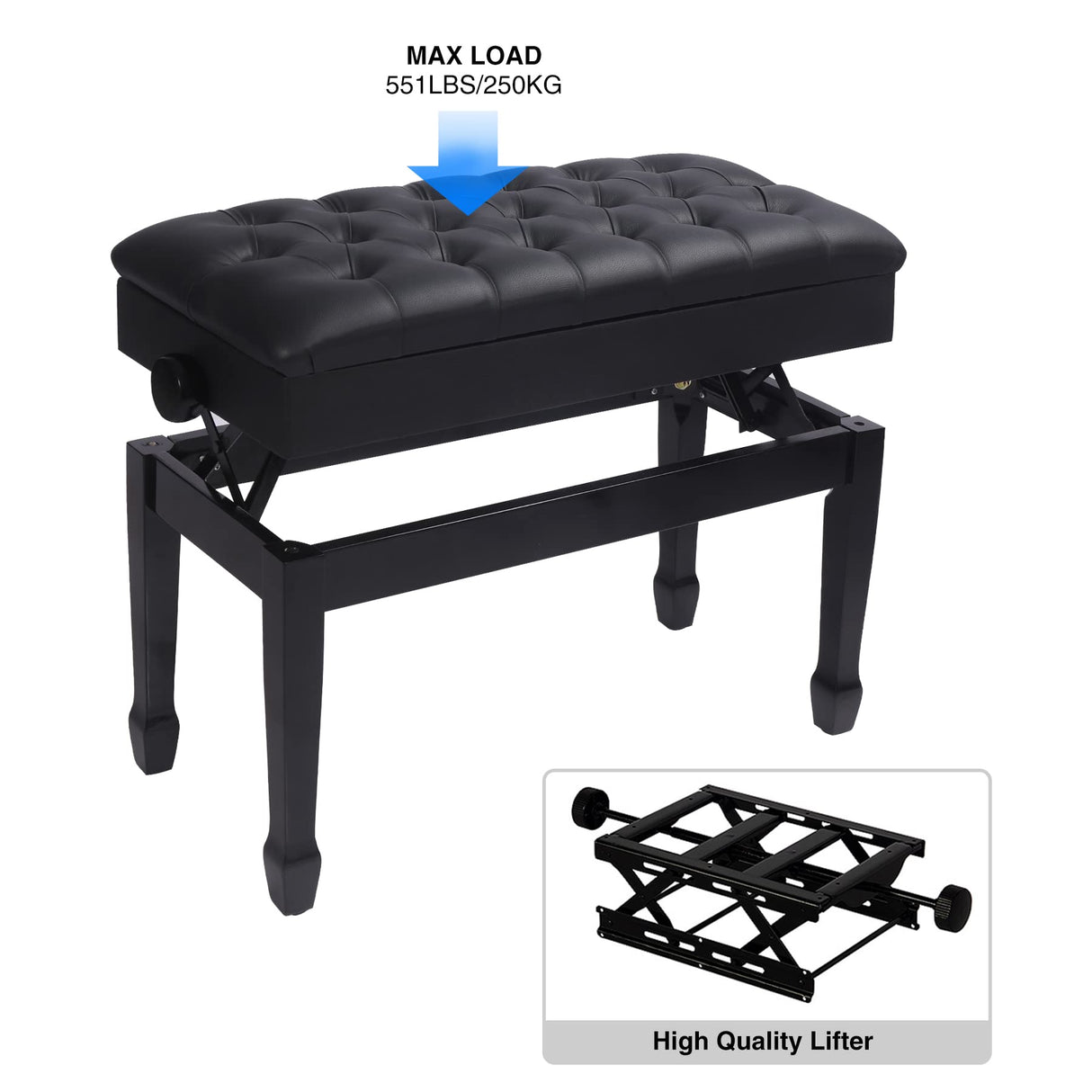 AKVOMBI Adjustable Duet Piano Bench with Storage, Heavy Duty Double Piano Benches with Leather Cushion, Black Piano Bench for Adults, 13.8" D x 31.5" AKVOMBI