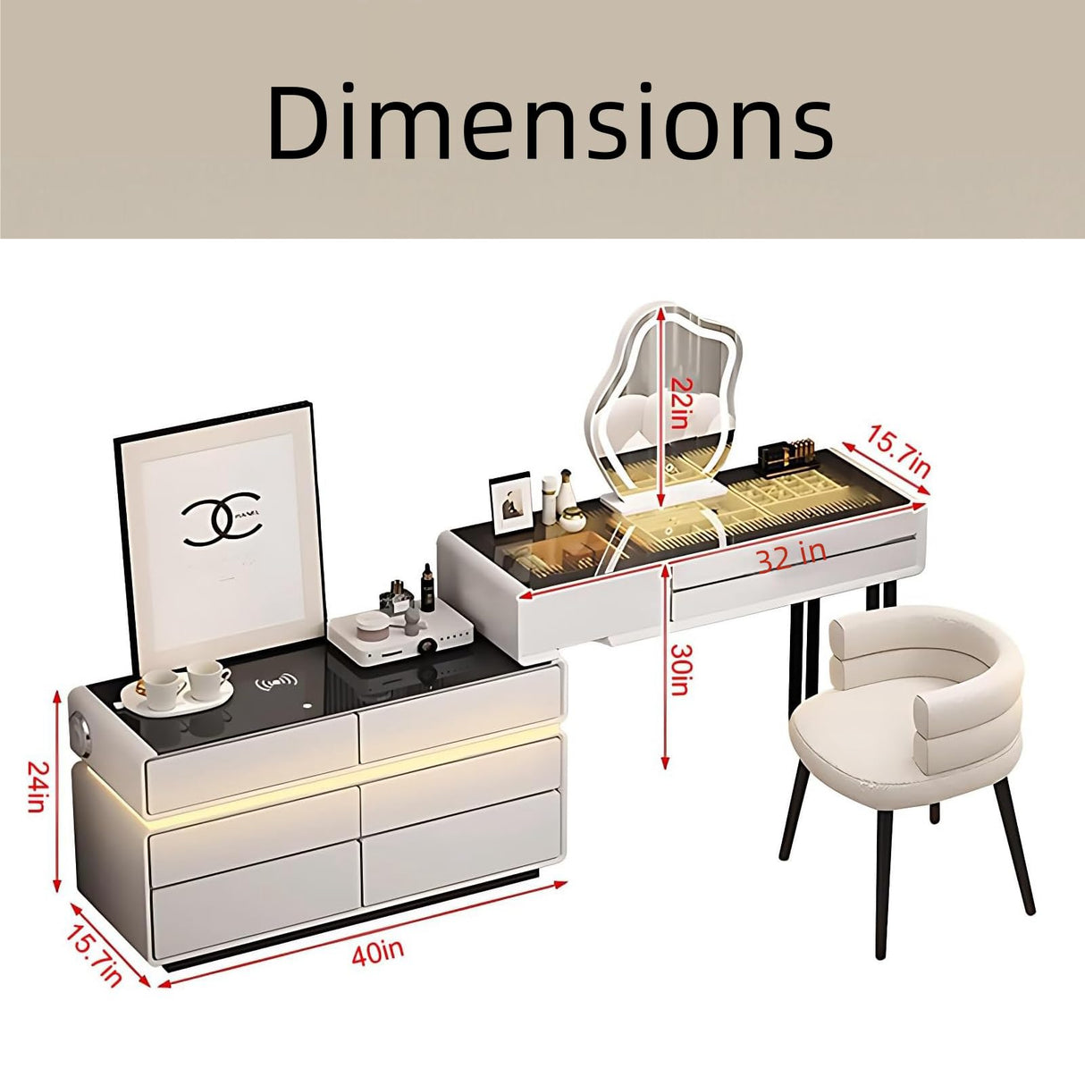 BLOVARI Luxury Makeup Vanity Table with Drawers, Wireless Charging Station & Speaker, Solid Wood Vanity Desk with LED Smart Makeup Mirror for Bedroom 48" BLOVARI