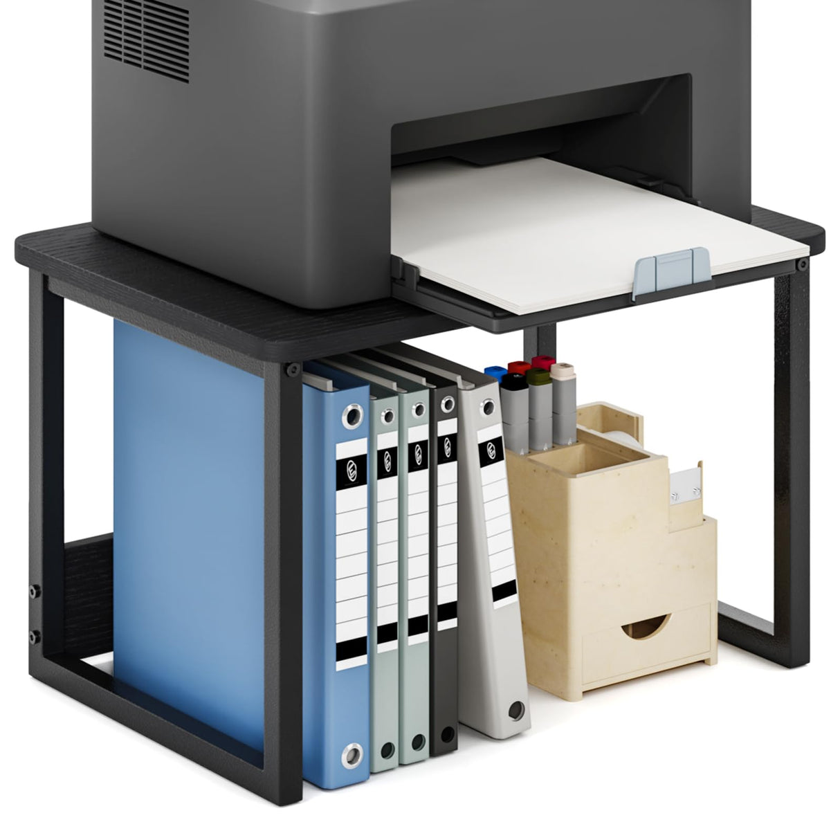 MARTY Printer Stand with Storage for Desk, Desktop Printer Stand Shelf Organzier for Home/Office Heavy Duty Printer Riser Under Desk Small Printer Table for Fax Machine Copier Scanner(Black) MARTY